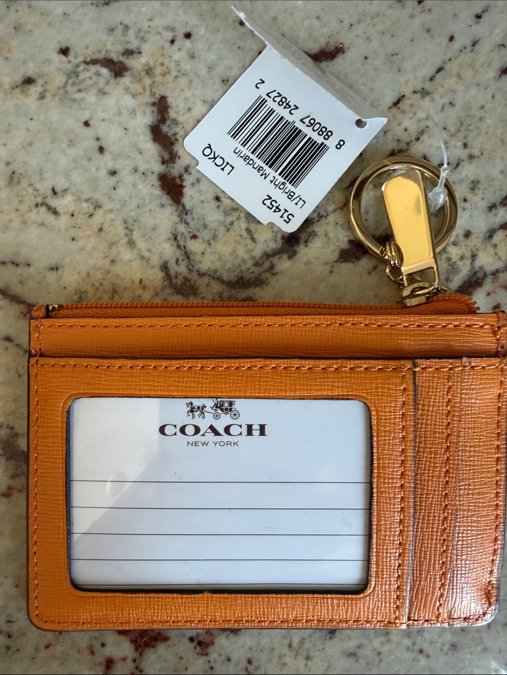 Coach Orange Leather ID Cardholder with Gold Key Clip